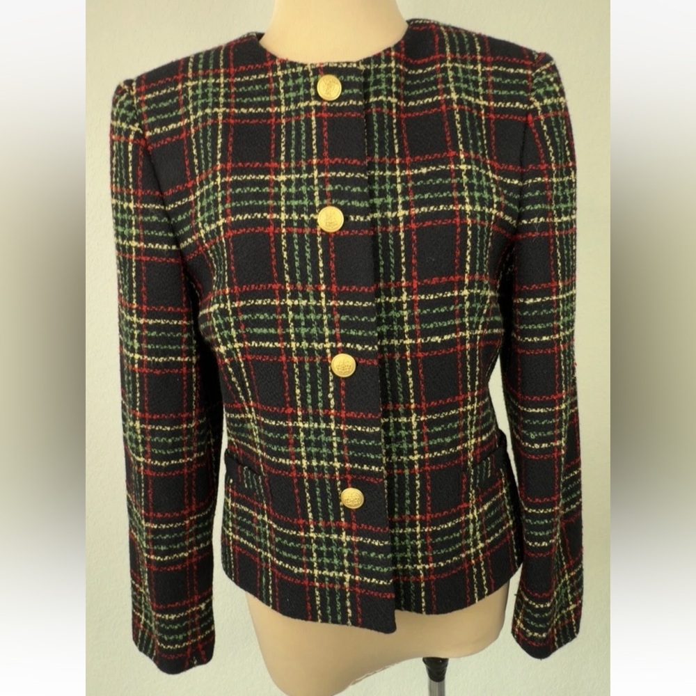 Jones Wear Vintage Plaid Woven Wool Blend Macadam Gold Button Blazer 8 M